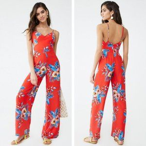 Forever 21 Tropical Print Cutout Jumpsuit Red